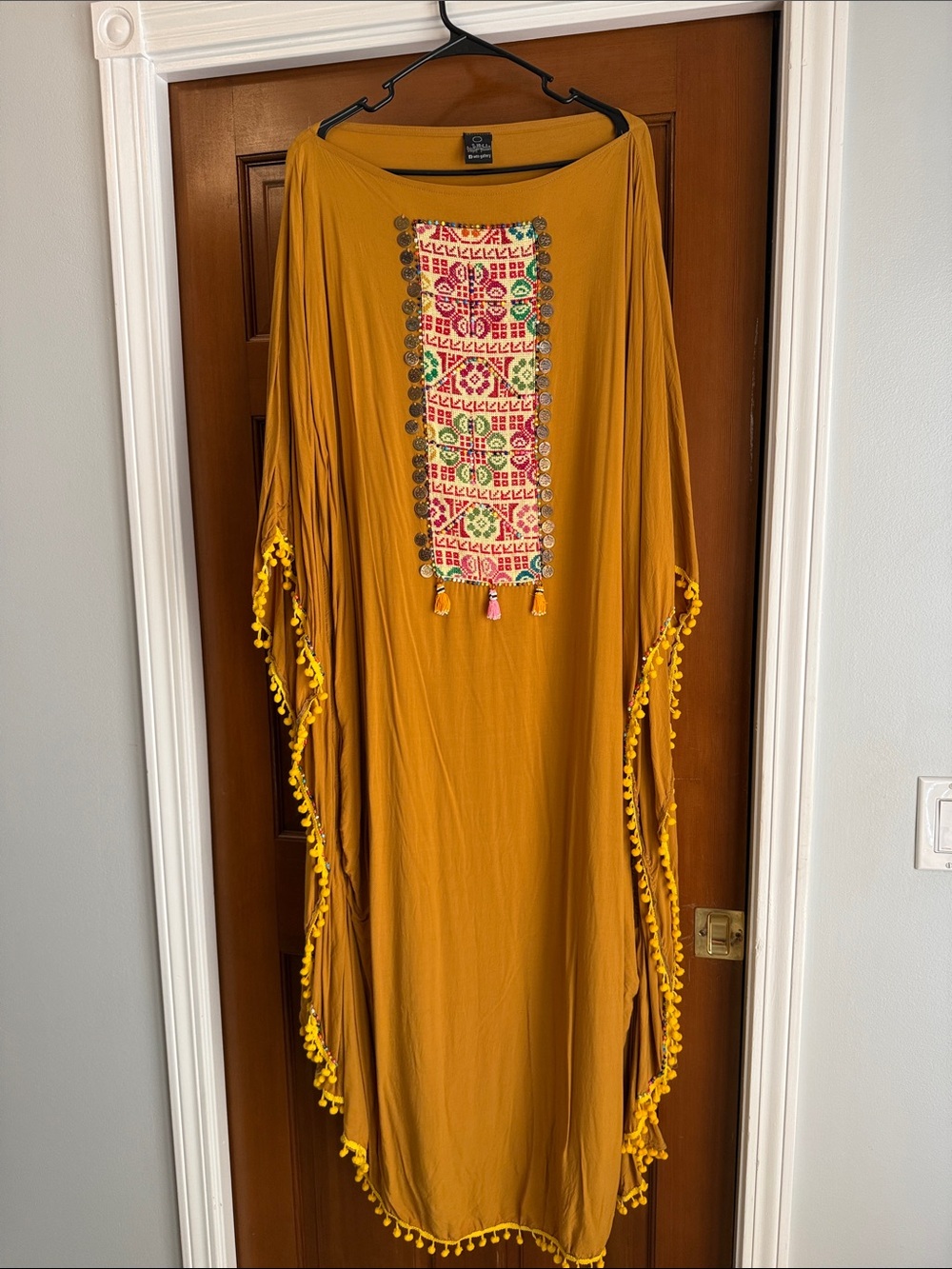 Mustard Yellow Embroidered Kaftan Dress with Pom Trim